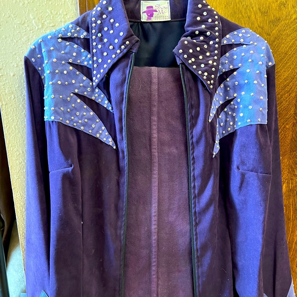 Purple show outfit, “Show Me” jacket with custom dyed matching wrangler jeans.